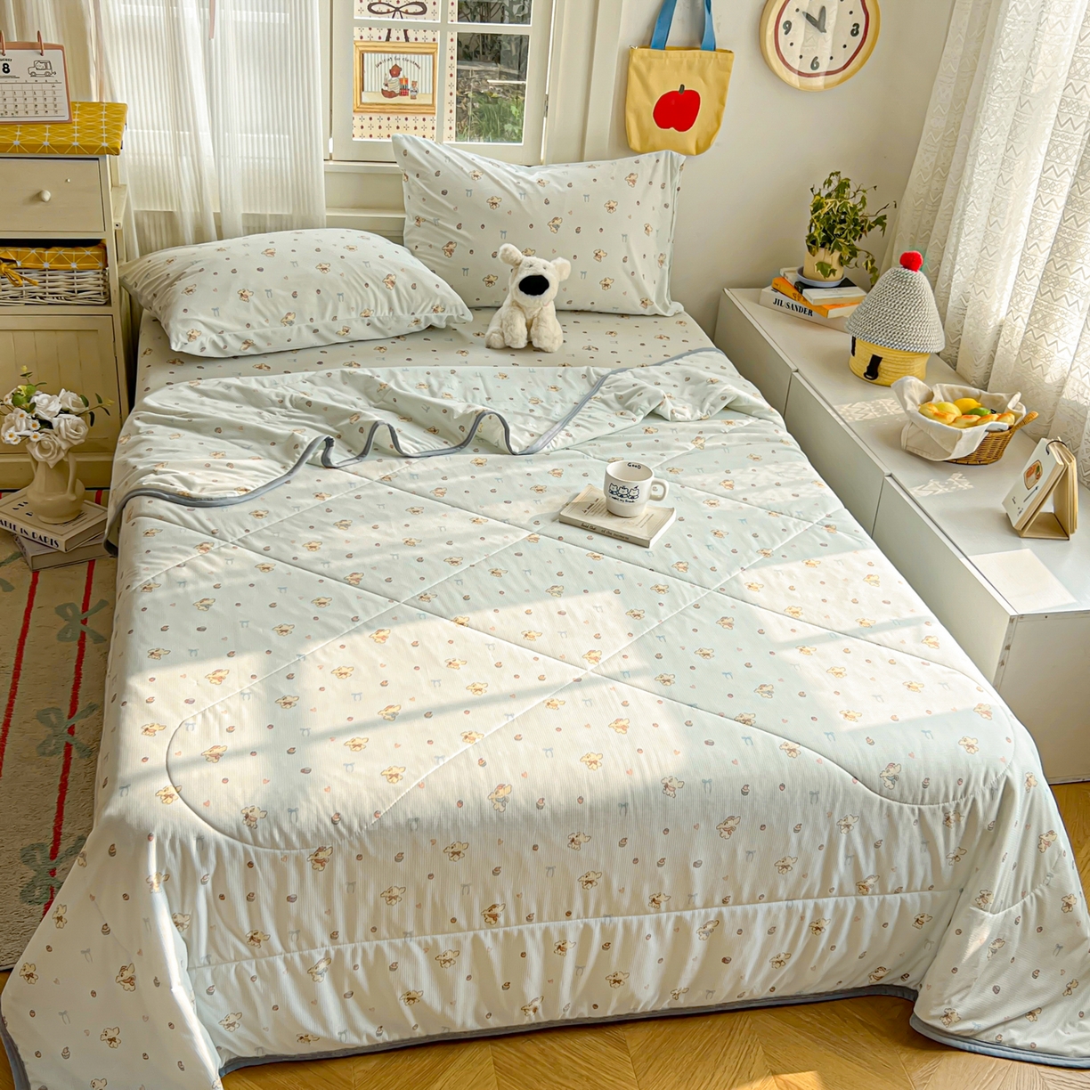 91家纺网 家纺一手货源 找家纺 希诺家居 2026新款冰肤格凉感夏被夏凉被空调被床笠四件套小冰格空调被 海盐薄荷狗