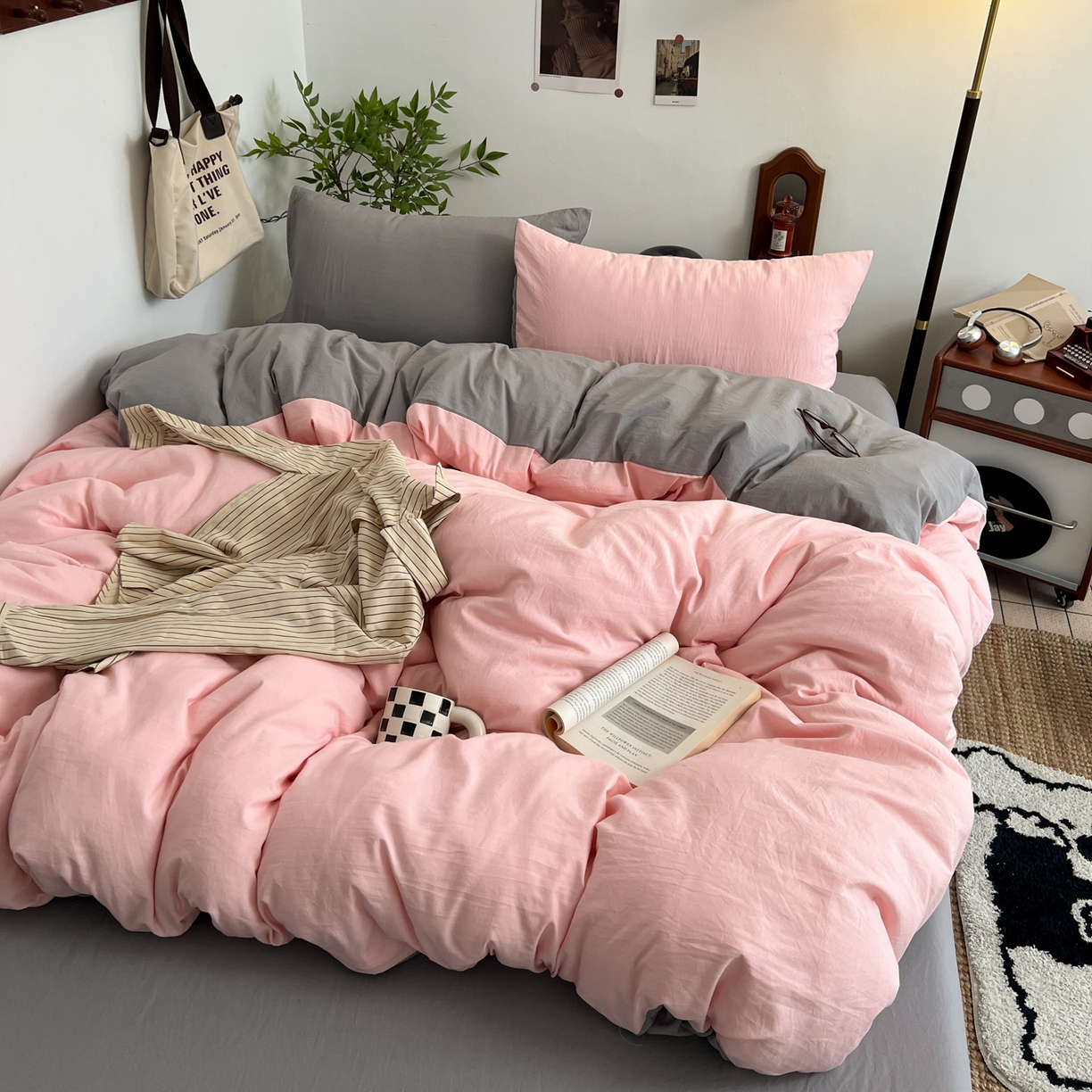 91家纺网 家纺一手货源 找家纺 （总）梦嘉居 2026新款亲肤纯色AB版水洗皱皱棉四件套学生宿舍床单床笠三件套