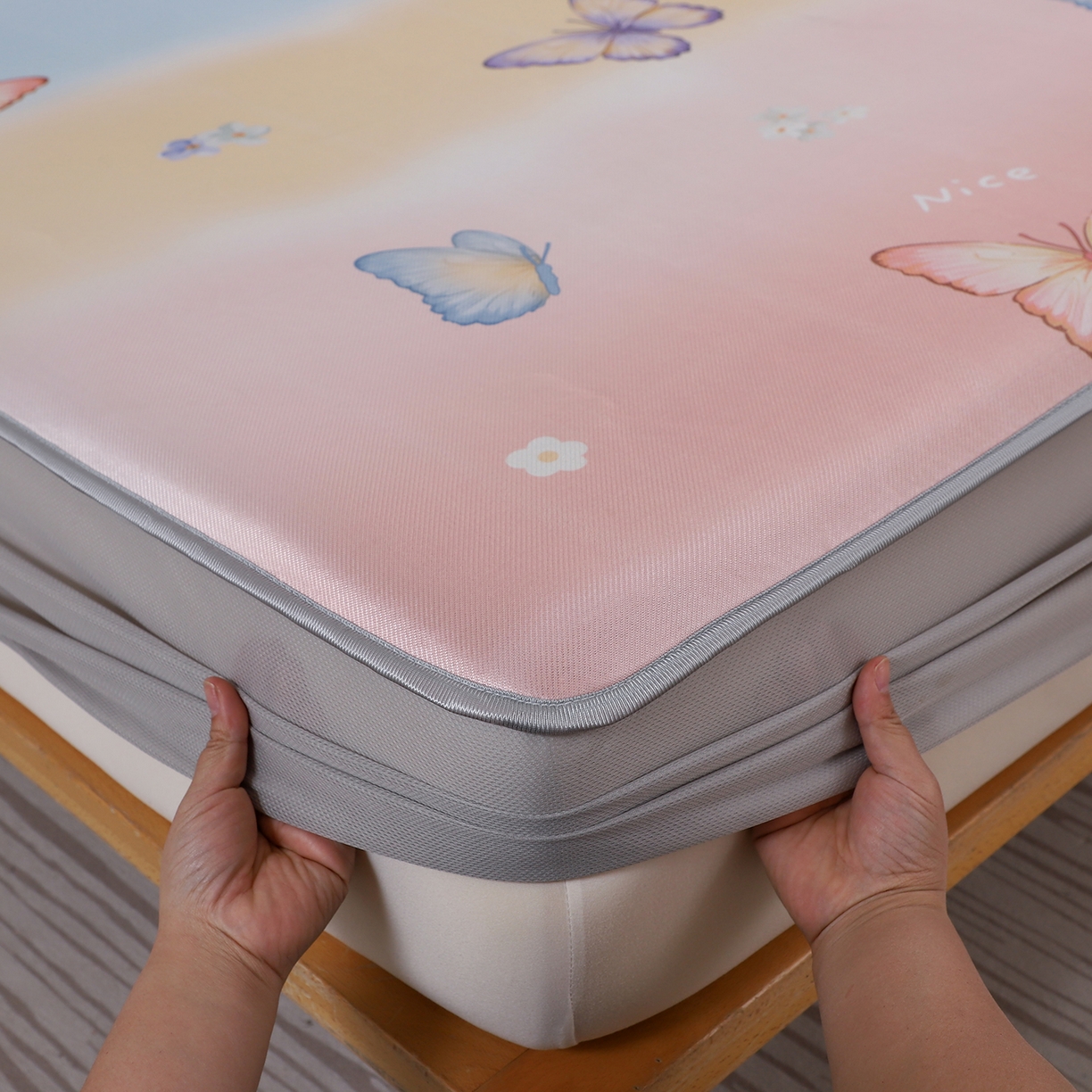 91家纺网 家纺一手货源 找家纺 小萌虎 2026新款碳光冰丝凉席床笠款拍法二 七彩蝴蝶