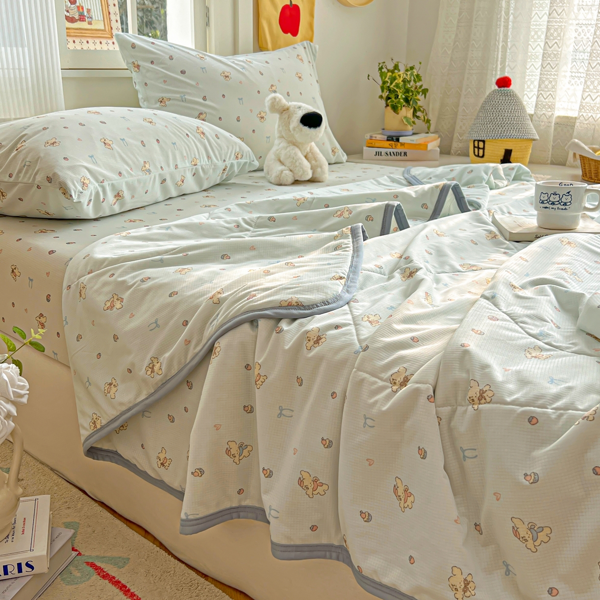 91家纺网 家纺一手货源 找家纺 希诺家居 2026新款冰肤格凉感夏被夏凉被空调被床笠四件套小冰格空调被 海盐薄荷狗