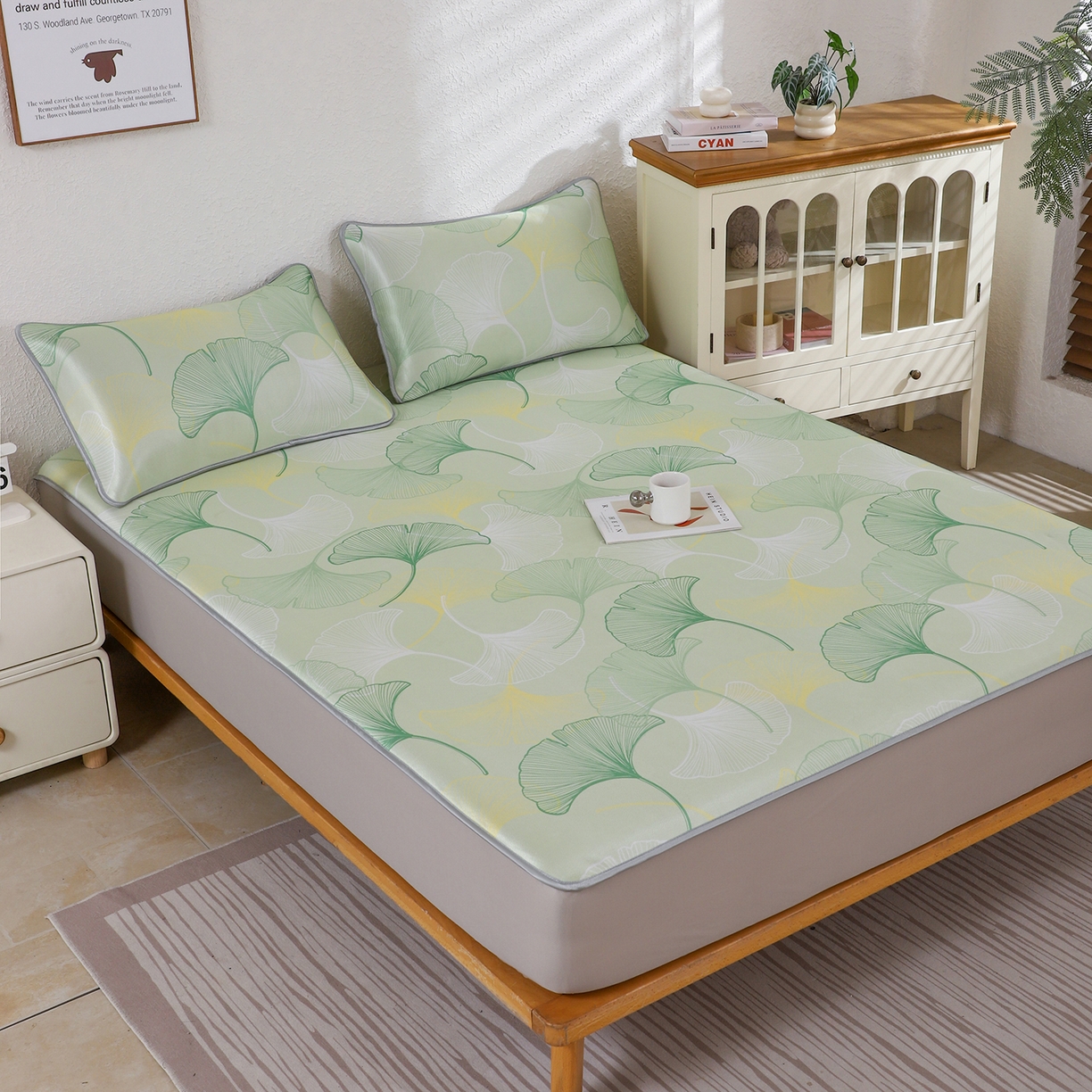 91家纺网 家纺一手货源 找家纺 小萌虎 2026新款碳光冰丝凉席床笠款拍法二 银杏叶