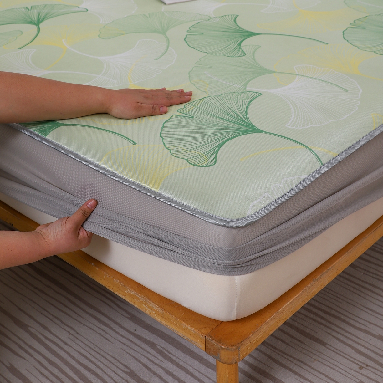 91家纺网 家纺一手货源 找家纺 小萌虎 2026新款碳光冰丝凉席床笠款拍法二 银杏叶