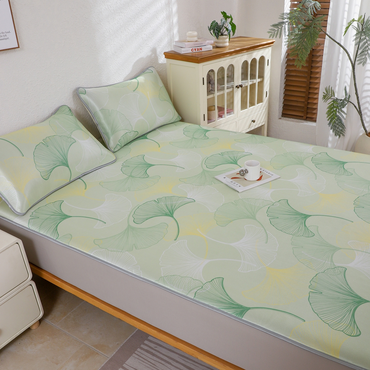 91家纺网 家纺一手货源 找家纺 小萌虎 2026新款碳光冰丝凉席床笠款拍法二 银杏叶