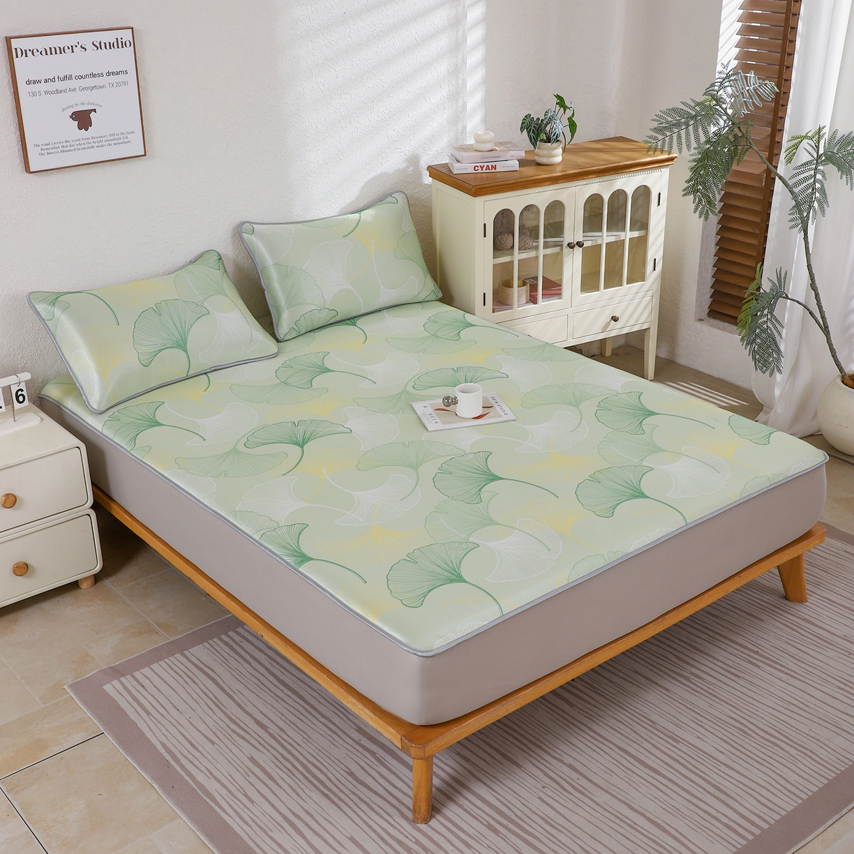 91家纺网 家纺一手货源 找家纺 小萌虎 2026新款碳光冰丝凉席床笠款拍法二 银杏叶