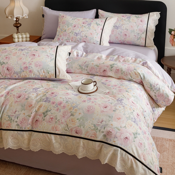 91家纺网 家纺一手货源 找家纺 卡姿家纺 全棉小法式镂空棉布花边款第一季四件套 玫瑰绘梦