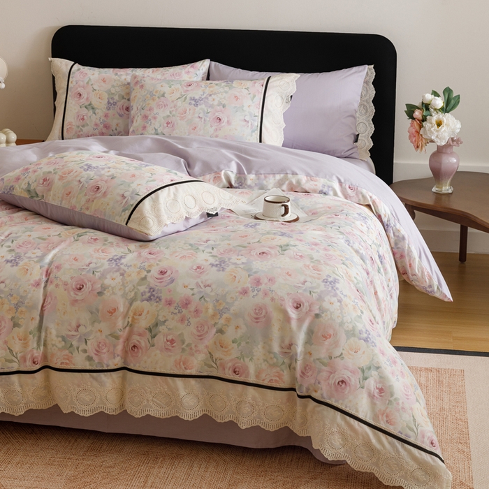 91家纺网 家纺一手货源 找家纺 卡姿家纺 全棉小法式镂空棉布花边款第一季四件套 玫瑰绘梦