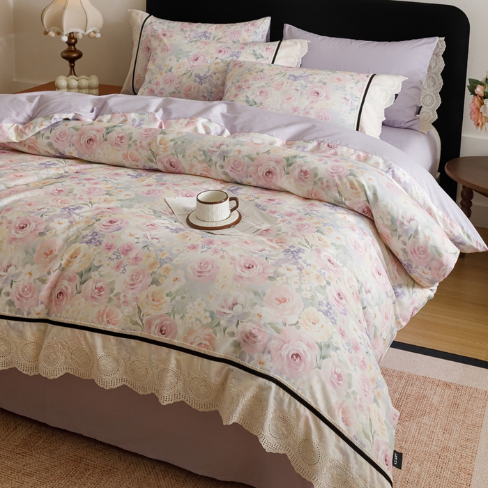 91家纺网 家纺一手货源 找家纺 卡姿家纺 全棉小法式镂空棉布花边款第一季四件套 玫瑰绘梦