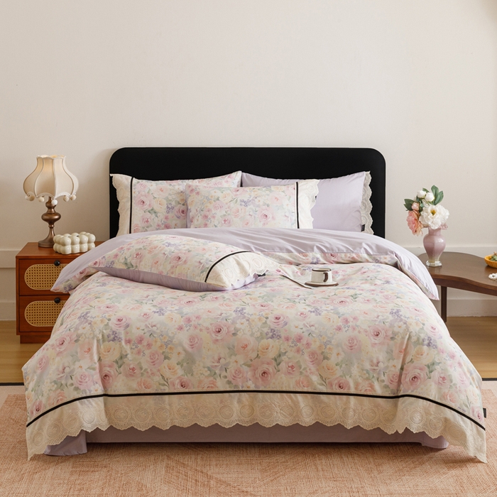 91家纺网 家纺一手货源 找家纺 卡姿家纺 全棉小法式镂空棉布花边款第一季四件套 玫瑰绘梦