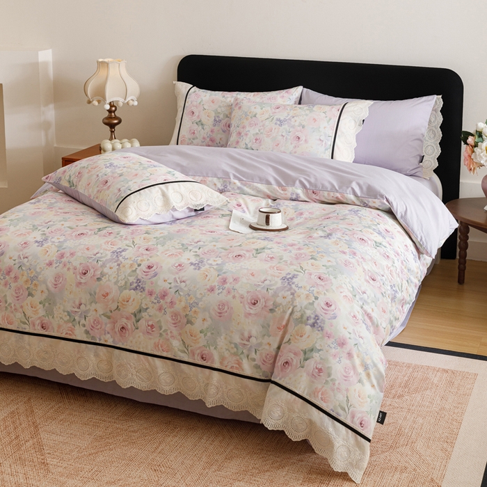 91家纺网 家纺一手货源 找家纺 卡姿家纺 全棉小法式镂空棉布花边款第一季四件套 玫瑰绘梦