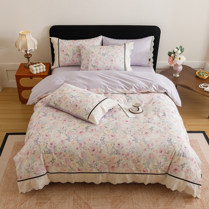 91家纺网 家纺一手货源 找家纺 卡姿家纺 全棉小法式镂空棉布花边款第一季四件套 玫瑰绘梦