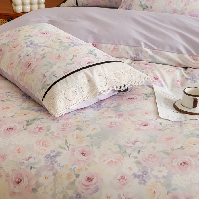 91家纺网 家纺一手货源 找家纺 卡姿家纺 全棉小法式镂空棉布花边款第一季四件套 玫瑰绘梦