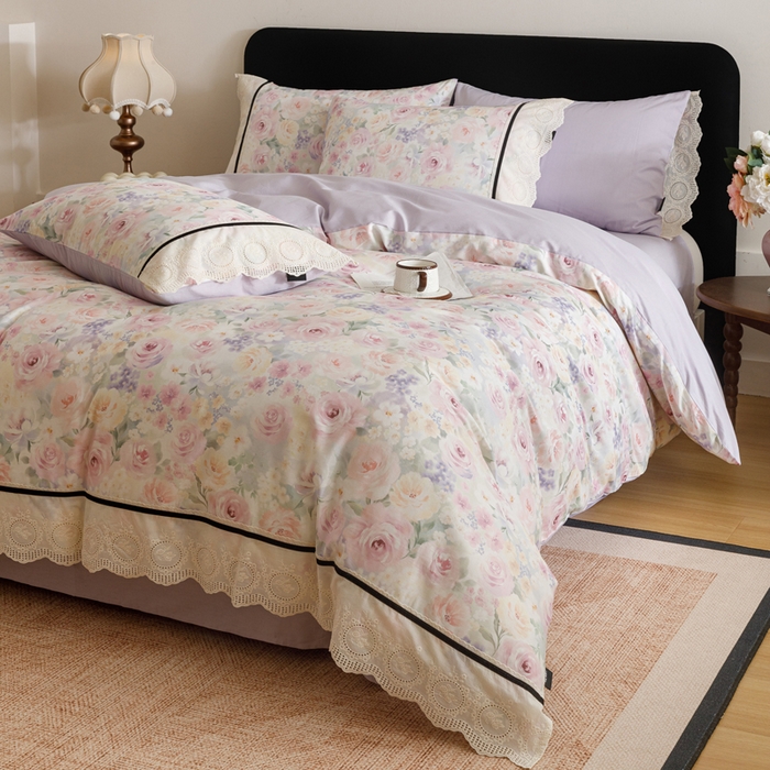 91家纺网 家纺一手货源 找家纺 卡姿家纺 全棉小法式镂空棉布花边款第一季四件套 玫瑰绘梦