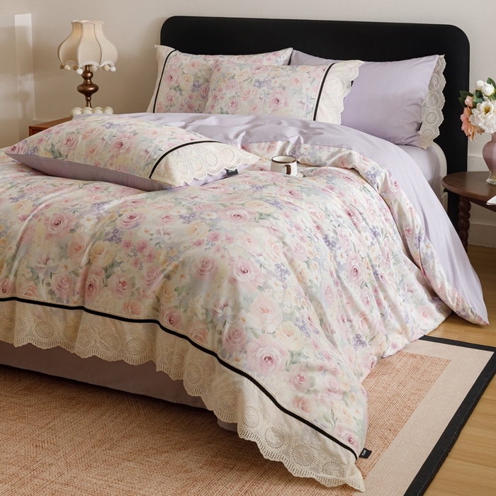 91家纺网 家纺一手货源 找家纺 卡姿家纺 全棉小法式镂空棉布花边款第一季四件套 玫瑰绘梦