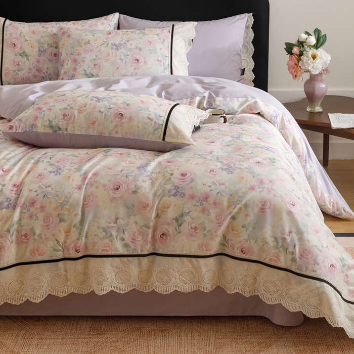 91家纺网 家纺一手货源 找家纺 卡姿家纺 全棉小法式镂空棉布花边款第一季四件套 玫瑰绘梦