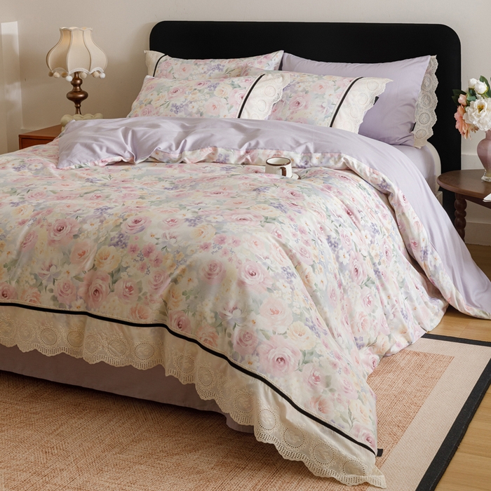 91家纺网 家纺一手货源 找家纺 卡姿家纺 全棉小法式镂空棉布花边款第一季四件套 玫瑰绘梦