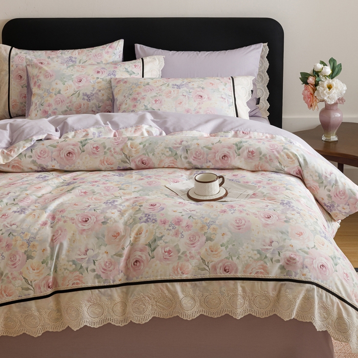 91家纺网 家纺一手货源 找家纺 卡姿家纺 全棉小法式镂空棉布花边款第一季四件套 玫瑰绘梦