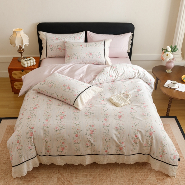 91家纺网 家纺一手货源 找家纺 卡姿家纺 全棉小法式镂空棉布花边款第一季四件套 蔷薇诗行