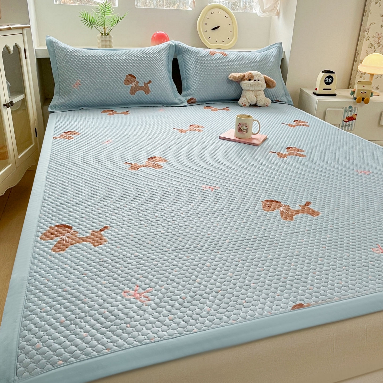 91家纺网 家纺一手货源 找家纺 大元 2026春夏新款治愈系数码印花冰豆豆凉席席子 治愈-木马蓝