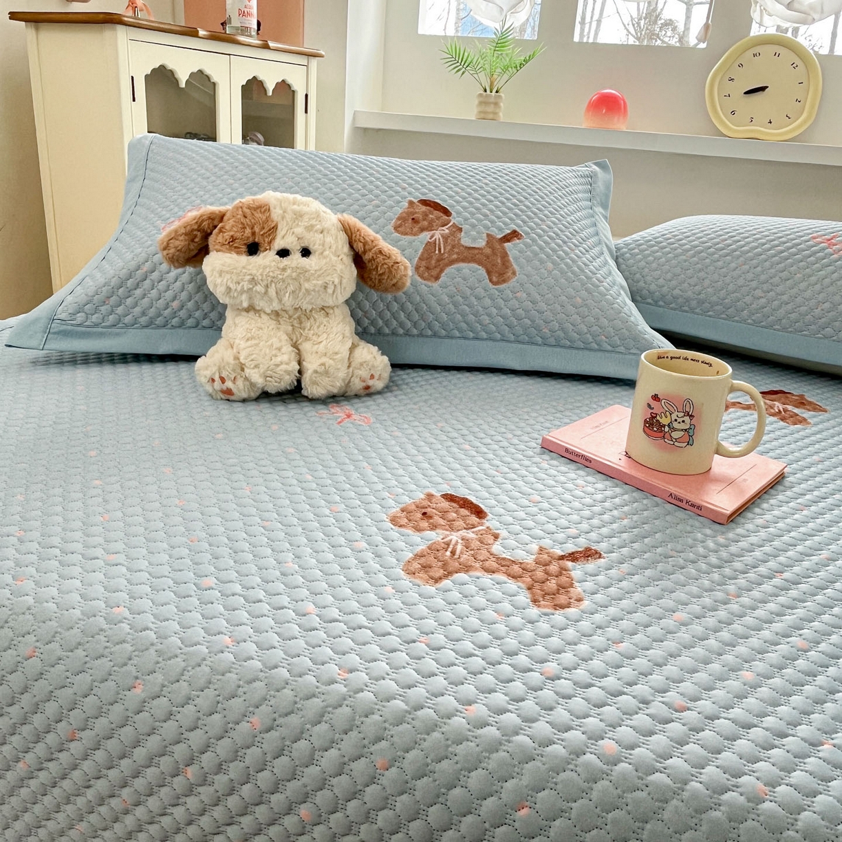 91家纺网 家纺一手货源 找家纺 大元 2026春夏新款治愈系数码印花冰豆豆凉席席子 治愈-木马蓝