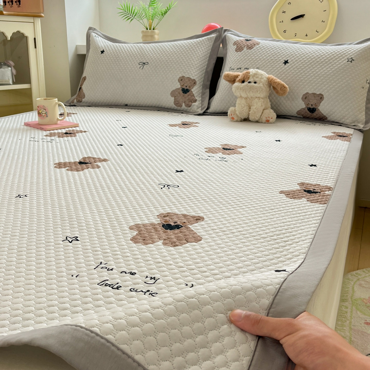 大元 2026春夏新款治愈系数码印花冰豆豆凉席席子 治愈-软萌熊灰