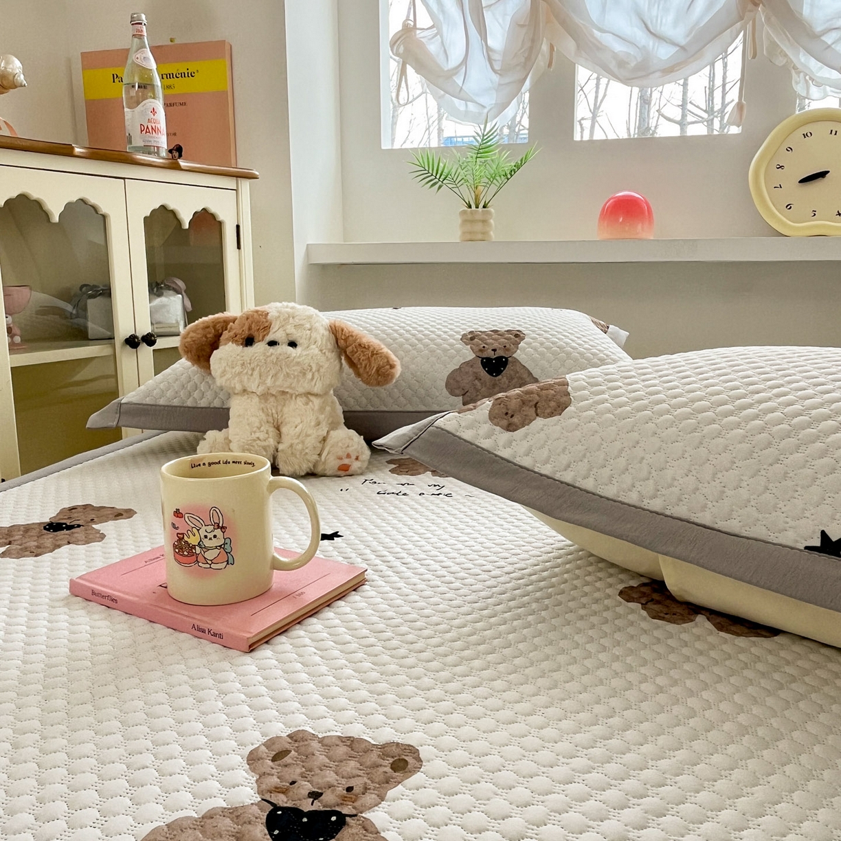 91家纺网 家纺一手货源 找家纺 大元 2026春夏新款治愈系数码印花冰豆豆凉席席子 治愈-软萌熊灰