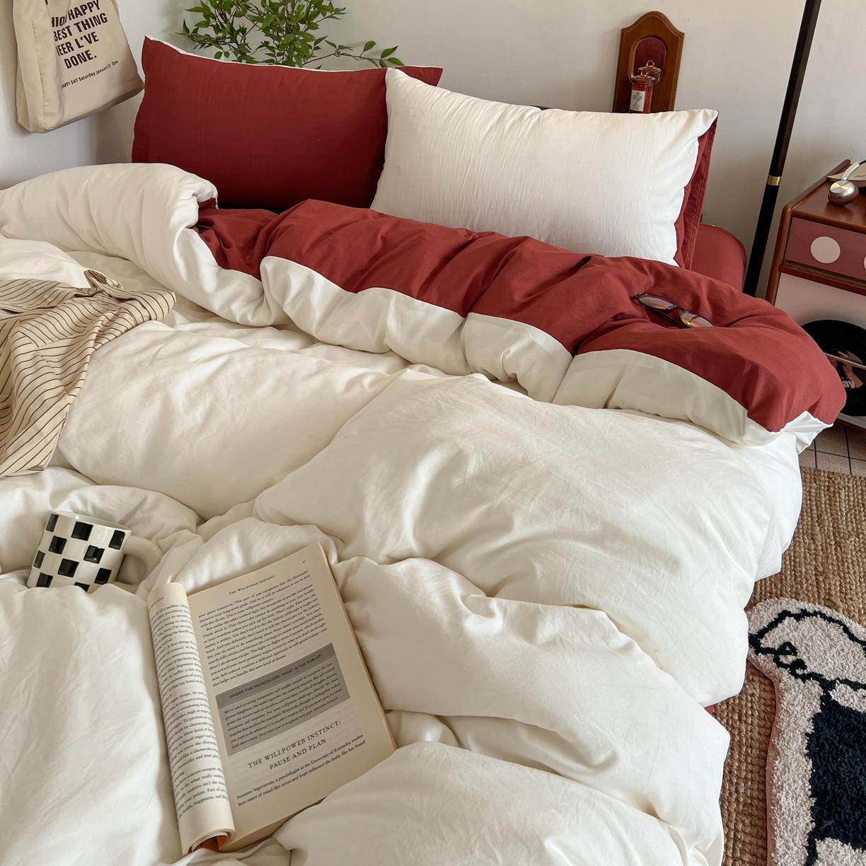 91家纺网 家纺一手货源 找家纺 （总）梦嘉居 2026新款亲肤纯色AB版水洗皱皱棉四件套学生宿舍床单床笠三件套