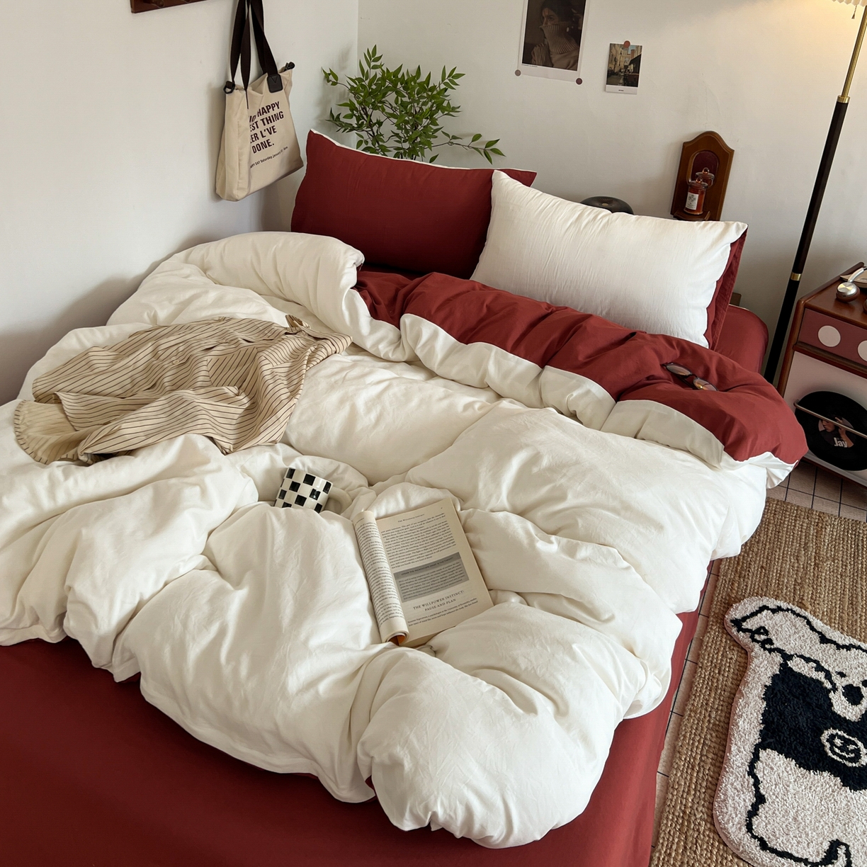 91家纺网 家纺一手货源 找家纺 （总）梦嘉居 2026新款亲肤纯色AB版水洗皱皱棉四件套学生宿舍床单床笠三件套