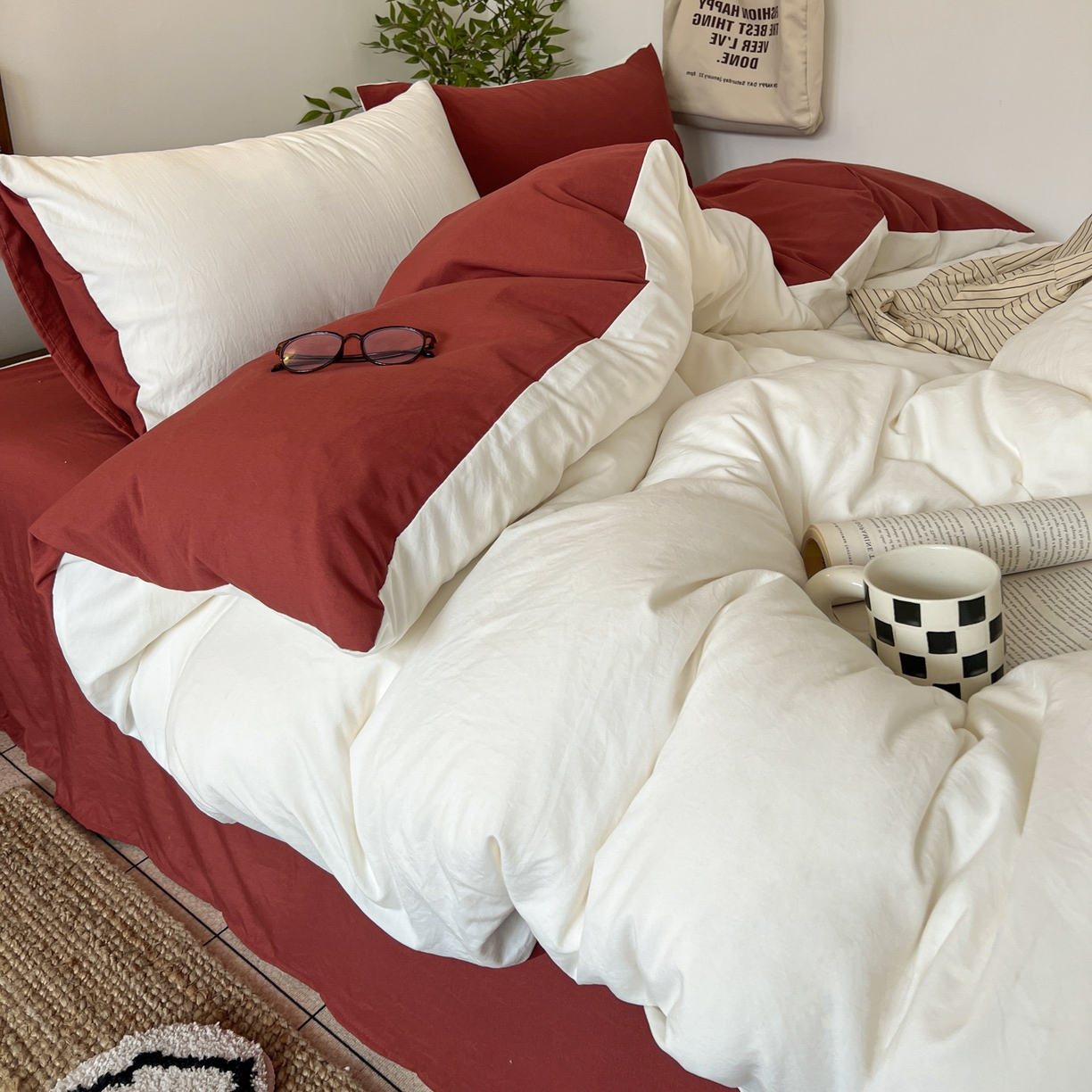 91家纺网 家纺一手货源 找家纺 （总）梦嘉居 2026新款亲肤纯色AB版水洗皱皱棉四件套学生宿舍床单床笠三件套