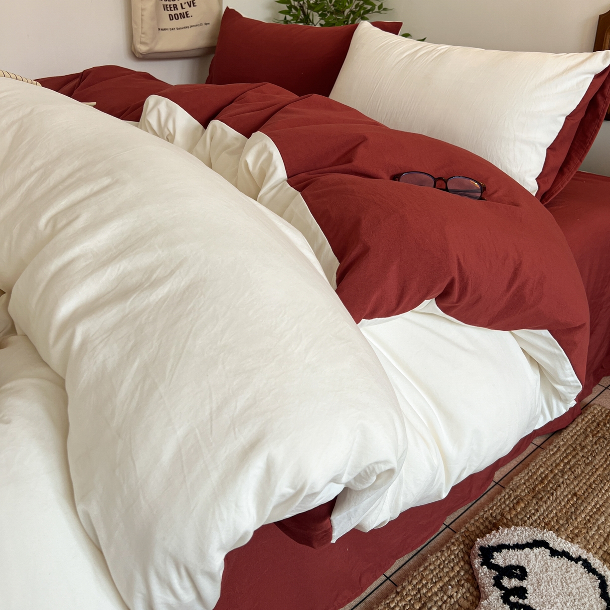 91家纺网 家纺一手货源 找家纺 （总）梦嘉居 2026新款亲肤纯色AB版水洗皱皱棉四件套学生宿舍床单床笠三件套