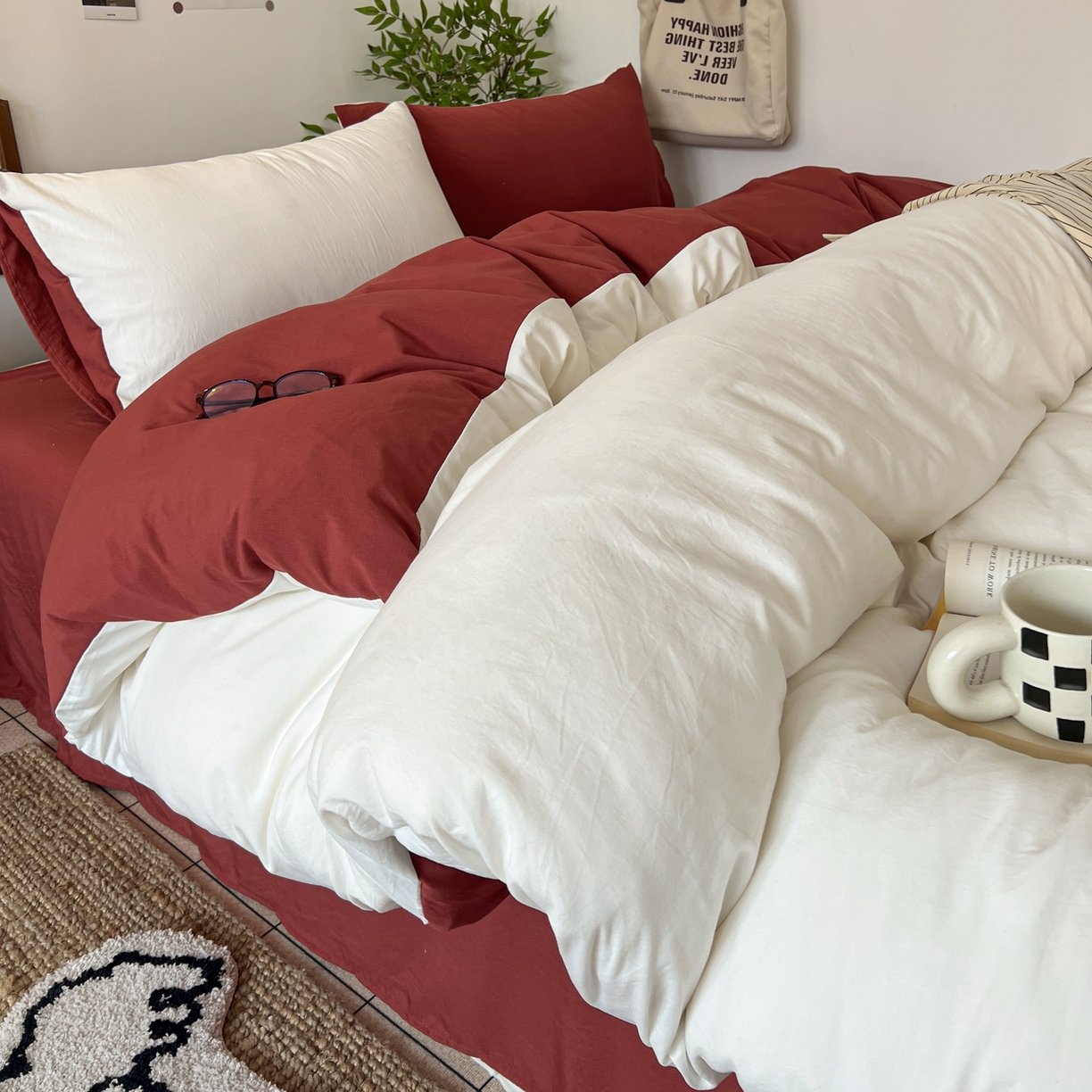 91家纺网 家纺一手货源 找家纺 （总）梦嘉居 2026新款亲肤纯色AB版水洗皱皱棉四件套学生宿舍床单床笠三件套