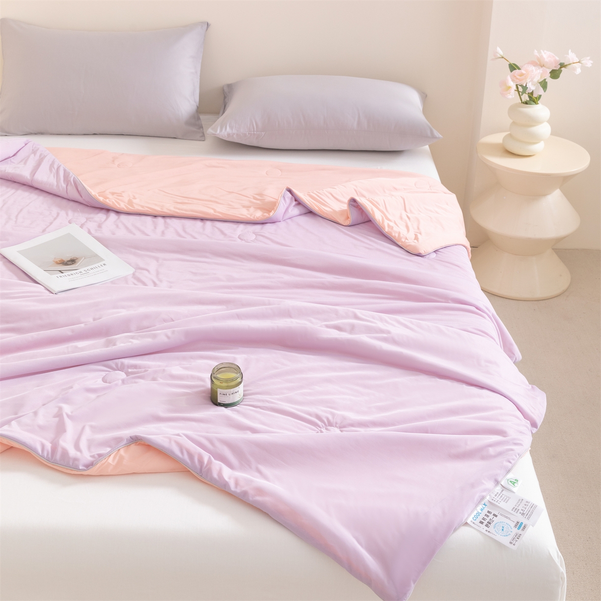 91家纺网 家纺一手货源 找家纺 富阿娜家纺 2026新款纯色双拼凉感丝夏被空调被夏凉被 芋泥紫+樱花粉