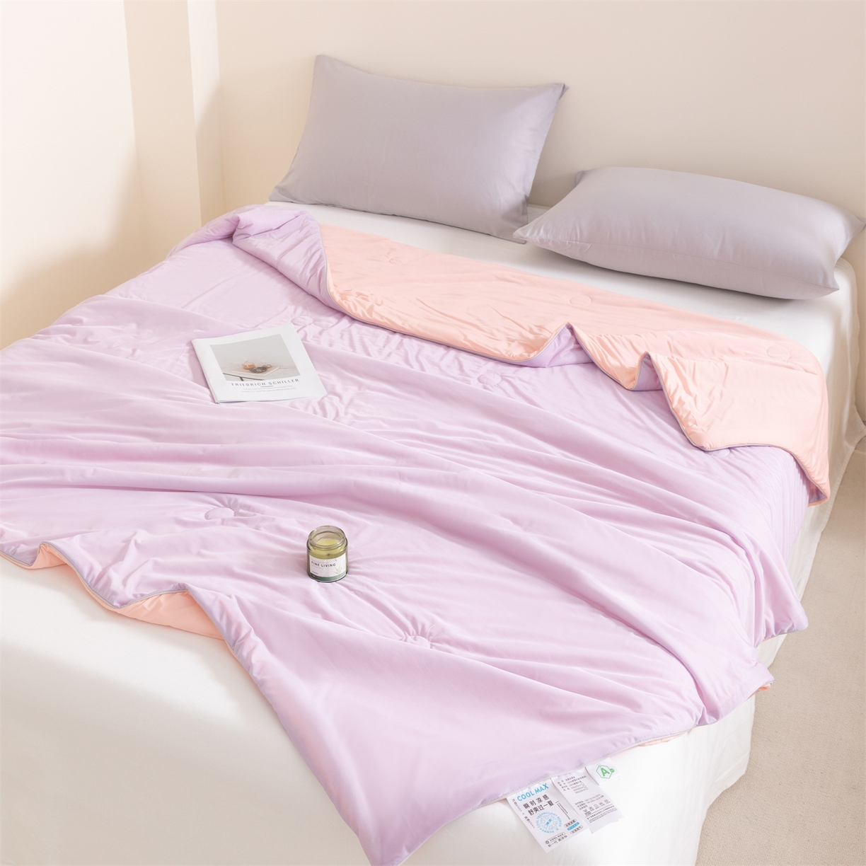 91家纺网 家纺一手货源 找家纺 富阿娜家纺 2026新款纯色双拼凉感丝夏被空调被夏凉被 芋泥紫+樱花粉