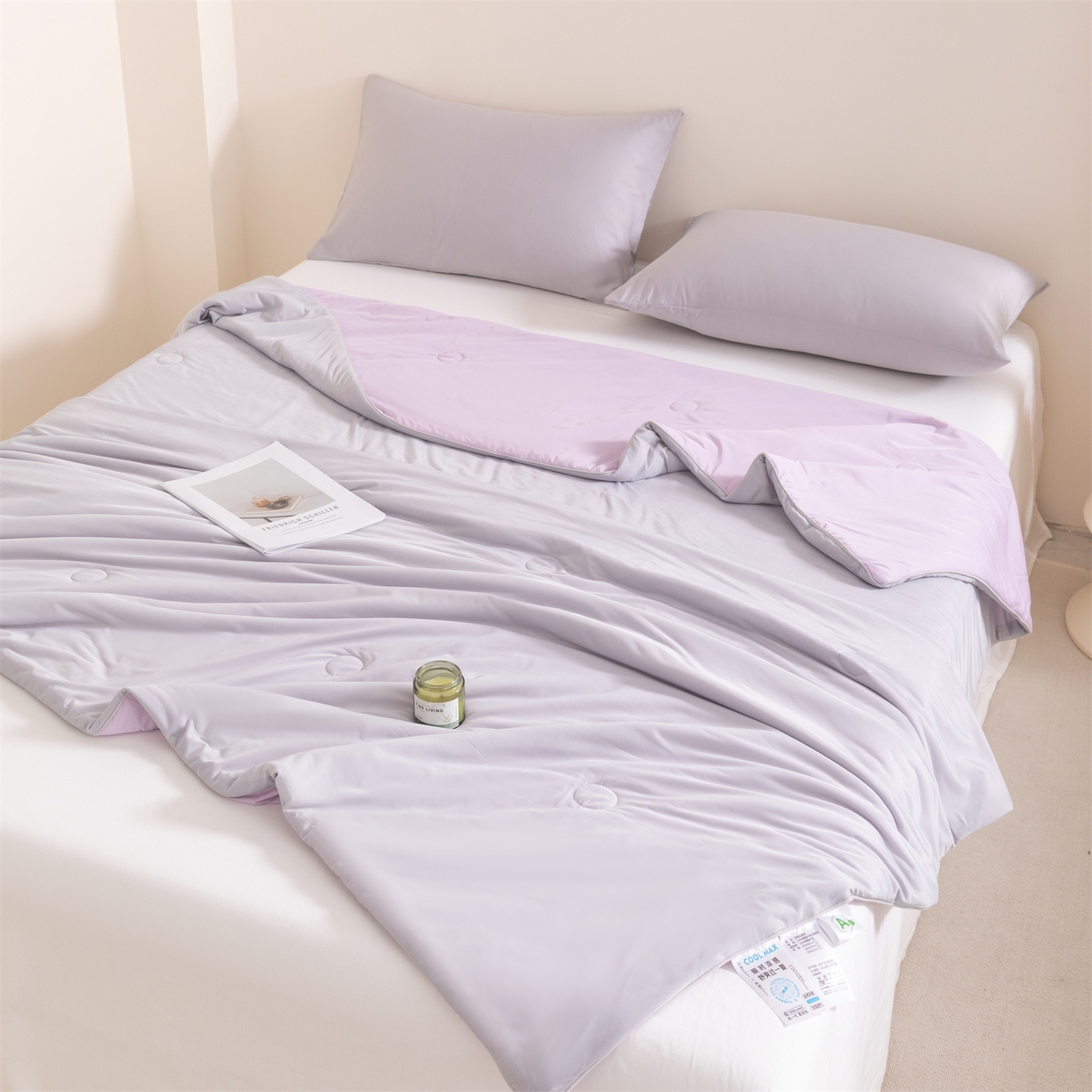 91家纺网 家纺一手货源 找家纺 富阿娜家纺 2026新款纯色双拼凉感丝夏被空调被夏凉被 云雾灰+芋泥紫