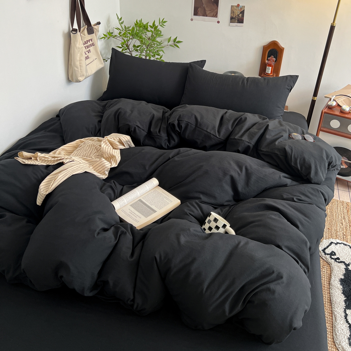梦嘉居 2026新款亲肤纯色AB版水洗皱皱棉四件套学生宿舍床单床笠三件套 暗夜黑