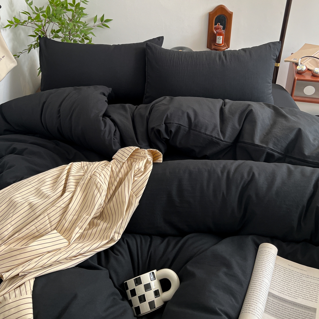 91家纺网 家纺一手货源 找家纺 梦嘉居 2026新款亲肤纯色AB版水洗皱皱棉四件套学生宿舍床单床笠三件套 暗夜黑