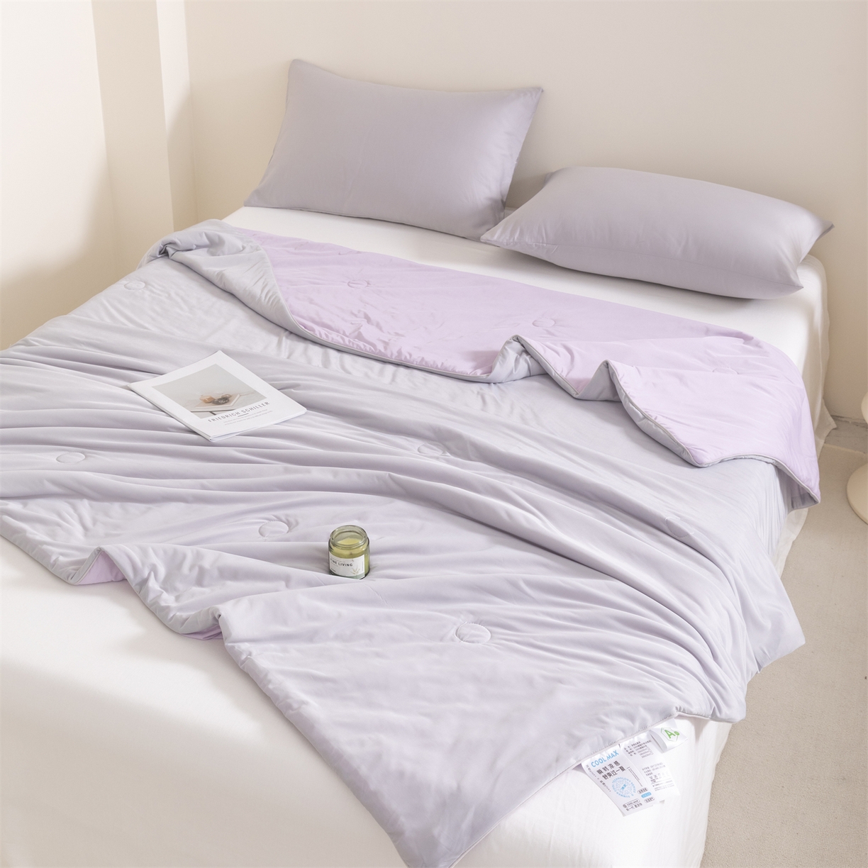 91家纺网 家纺一手货源 找家纺 富阿娜家纺 2026新款纯色双拼凉感丝夏被空调被夏凉被 云雾灰+芋泥紫