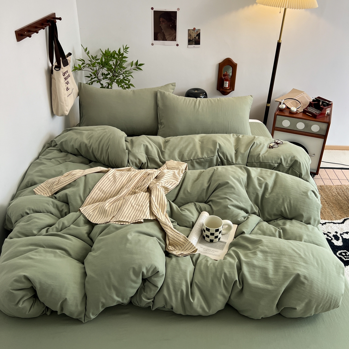 91家纺网 家纺一手货源 找家纺 梦嘉居 2026新款亲肤纯色AB版水洗皱皱棉四件套学生宿舍床单床笠三件套 复古绿