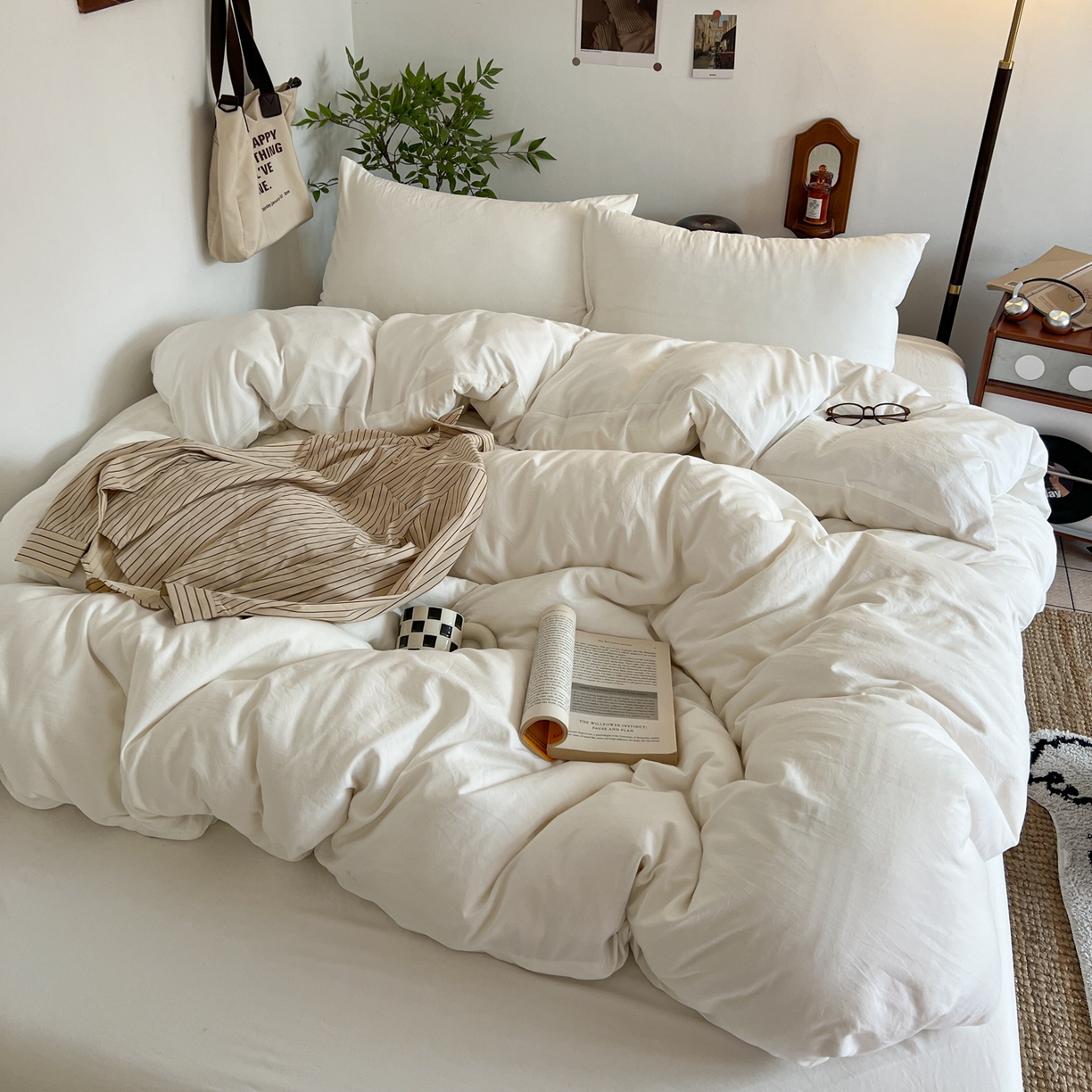 梦嘉居 2026新款亲肤纯色AB版水洗皱皱棉四件套学生宿舍床单床笠三件套 高雅白