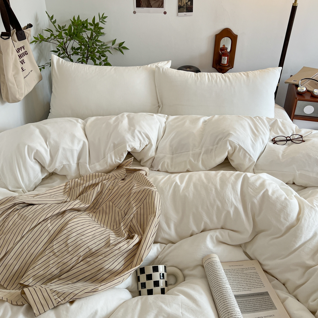 91家纺网 家纺一手货源 找家纺 梦嘉居 2026新款亲肤纯色AB版水洗皱皱棉四件套学生宿舍床单床笠三件套 高雅白