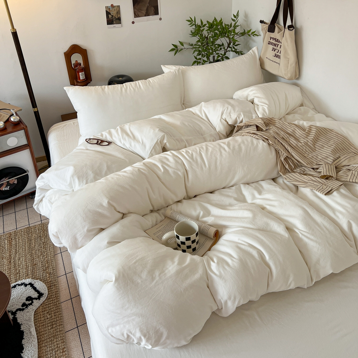 91家纺网 家纺一手货源 找家纺 梦嘉居 2026新款亲肤纯色AB版水洗皱皱棉四件套学生宿舍床单床笠三件套 高雅白