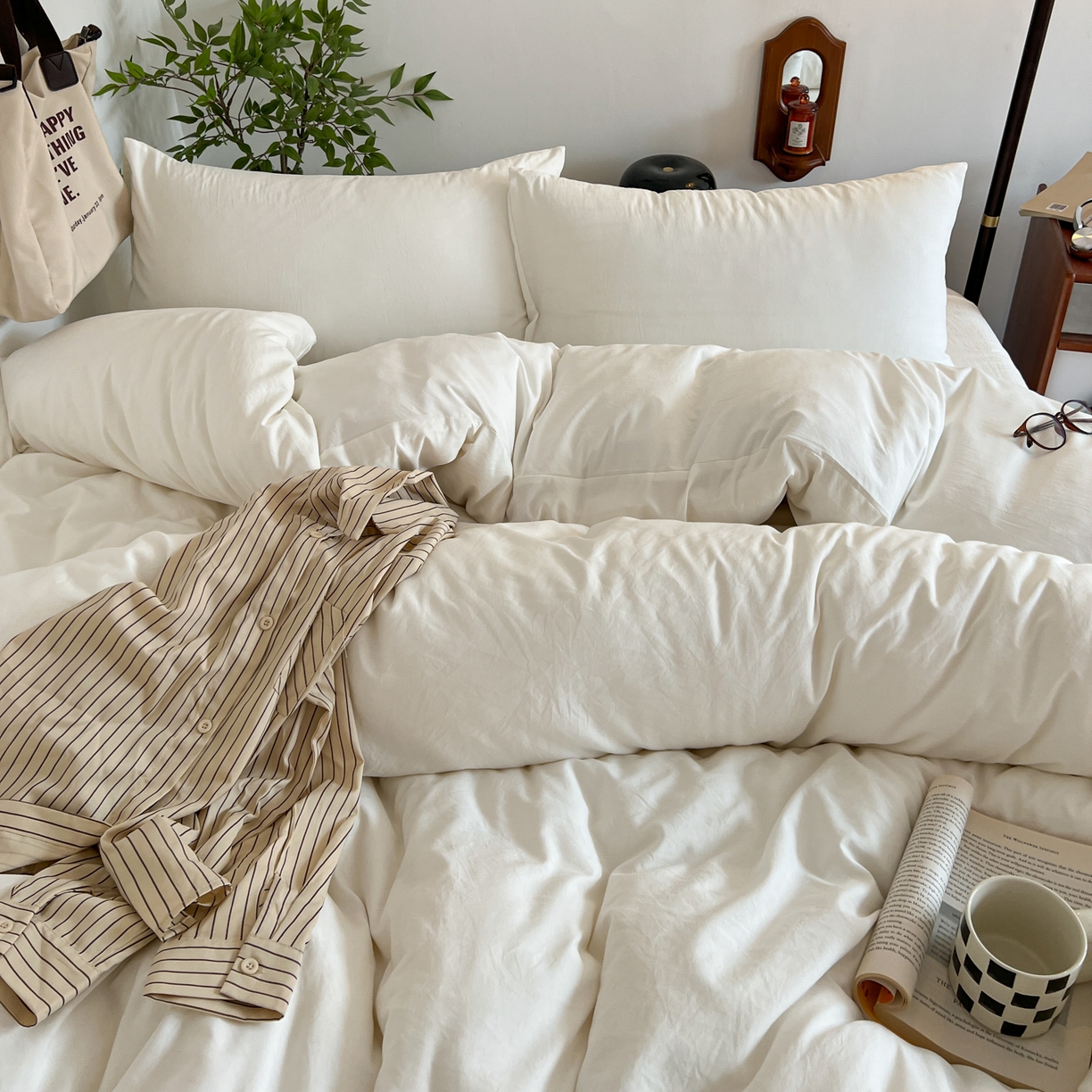 91家纺网 家纺一手货源 找家纺 梦嘉居 2026新款亲肤纯色AB版水洗皱皱棉四件套学生宿舍床单床笠三件套 高雅白