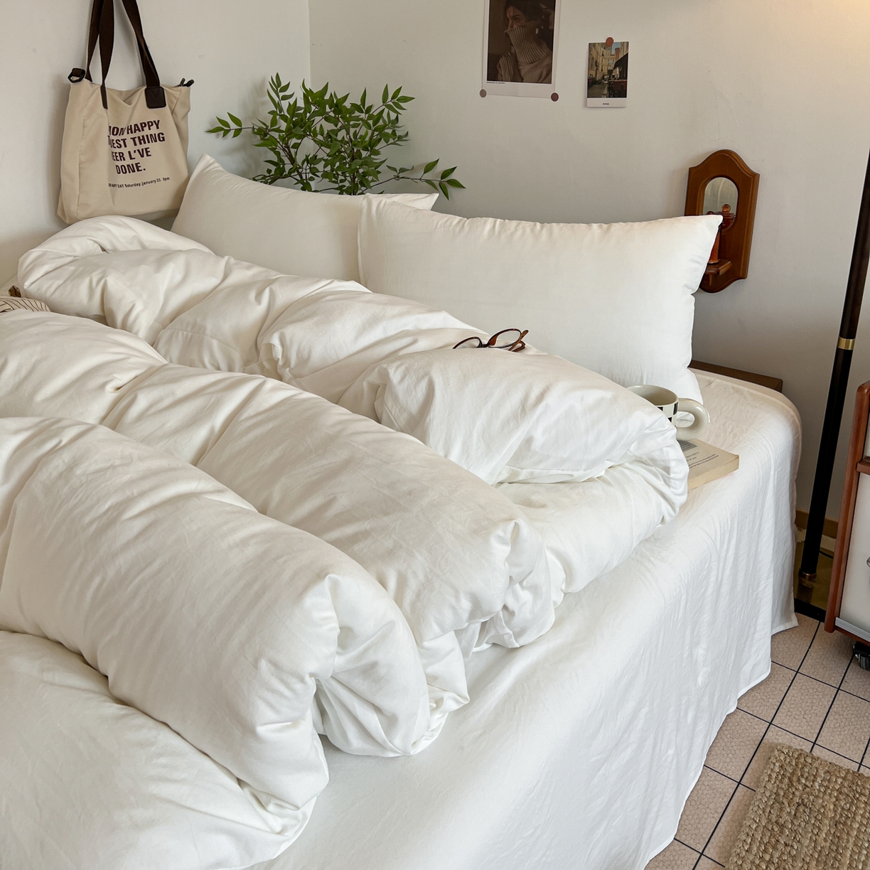 91家纺网 家纺一手货源 找家纺 梦嘉居 2026新款亲肤纯色AB版水洗皱皱棉四件套学生宿舍床单床笠三件套 高雅白