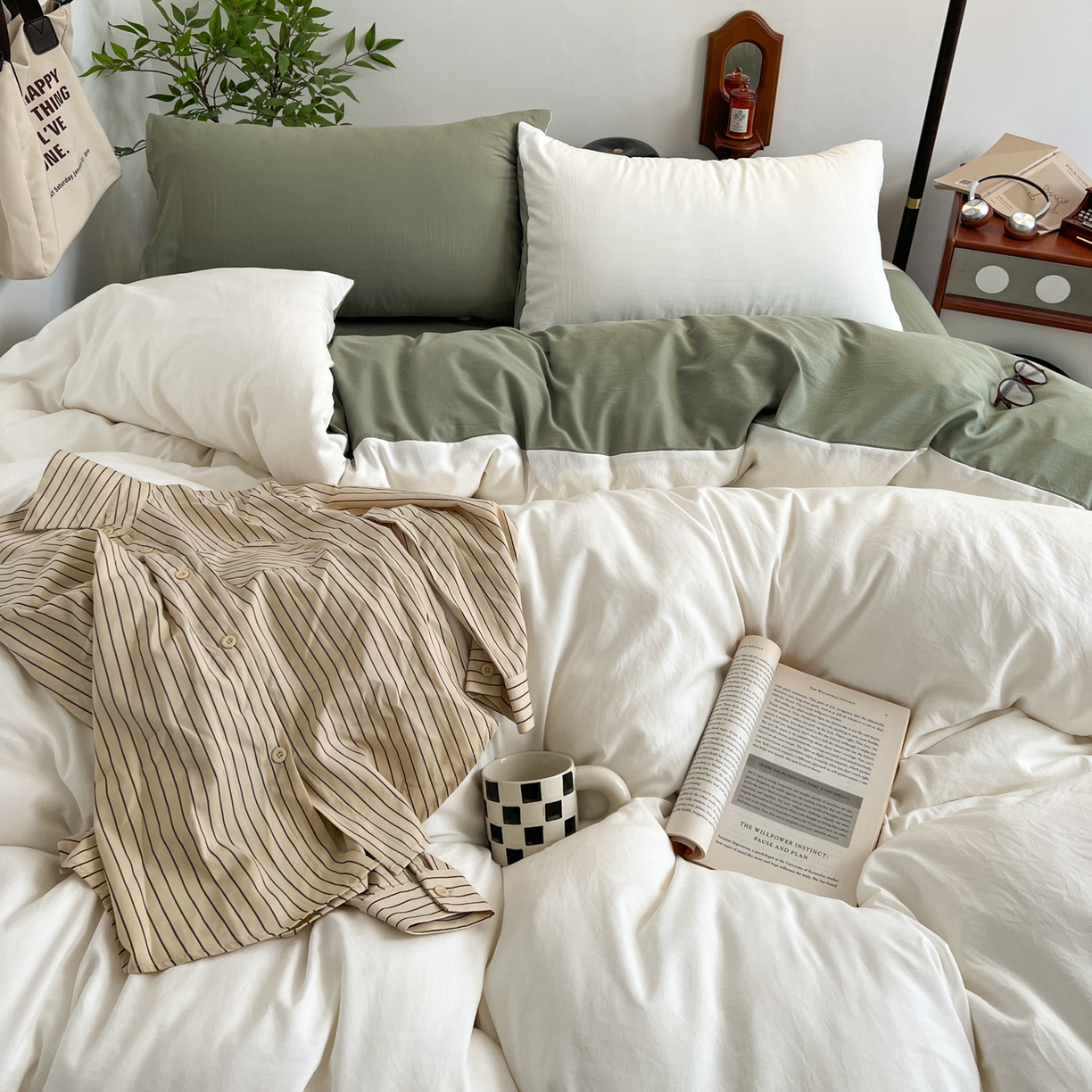 91家纺网 家纺一手货源 找家纺 梦嘉居 2026新款亲肤纯色AB版水洗皱皱棉四件套学生宿舍床单床笠三件套 高雅白+复古绿