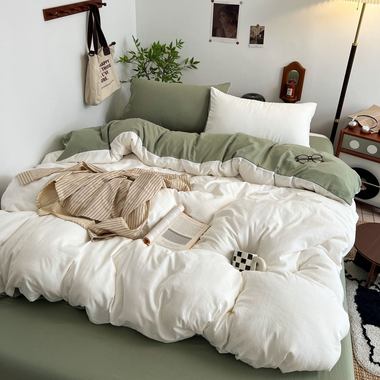 梦嘉居 2026新款亲肤纯色AB版水洗皱皱棉四件套学生宿舍床单床笠三件套 高雅白+复古绿