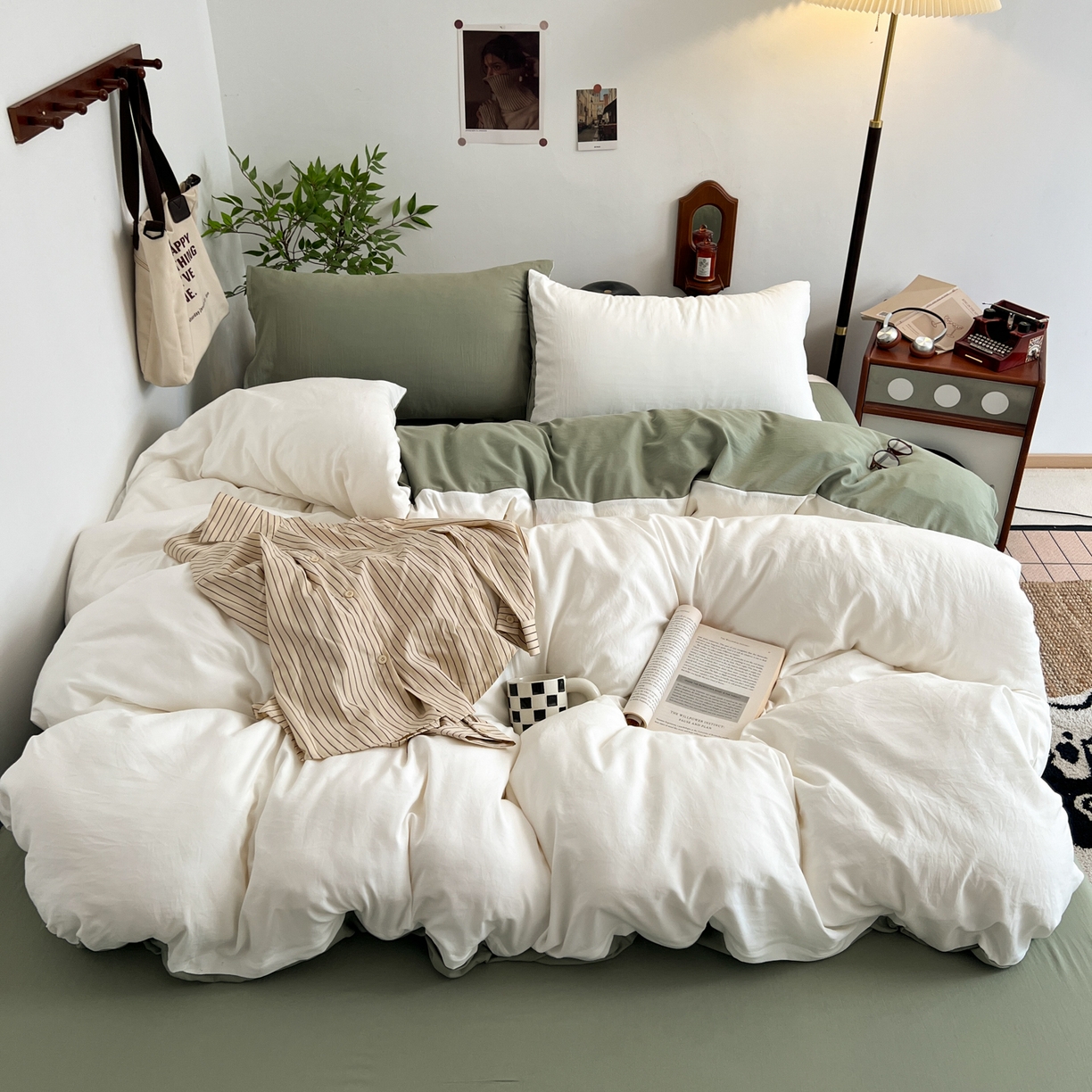 91家纺网 家纺一手货源 找家纺 梦嘉居 2026新款亲肤纯色AB版水洗皱皱棉四件套学生宿舍床单床笠三件套 高雅白+复古绿