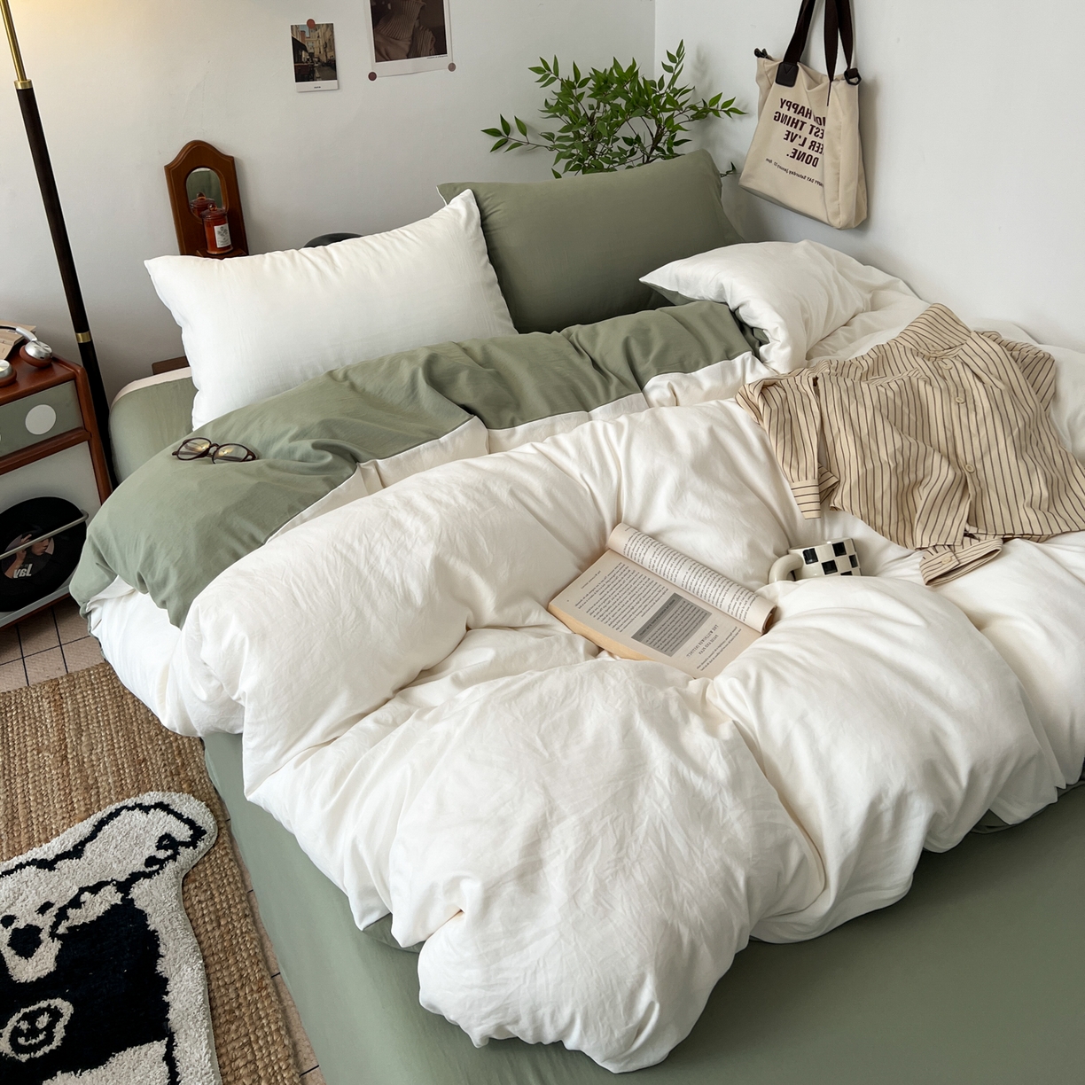 91家纺网 家纺一手货源 找家纺 梦嘉居 2026新款亲肤纯色AB版水洗皱皱棉四件套学生宿舍床单床笠三件套 高雅白+复古绿