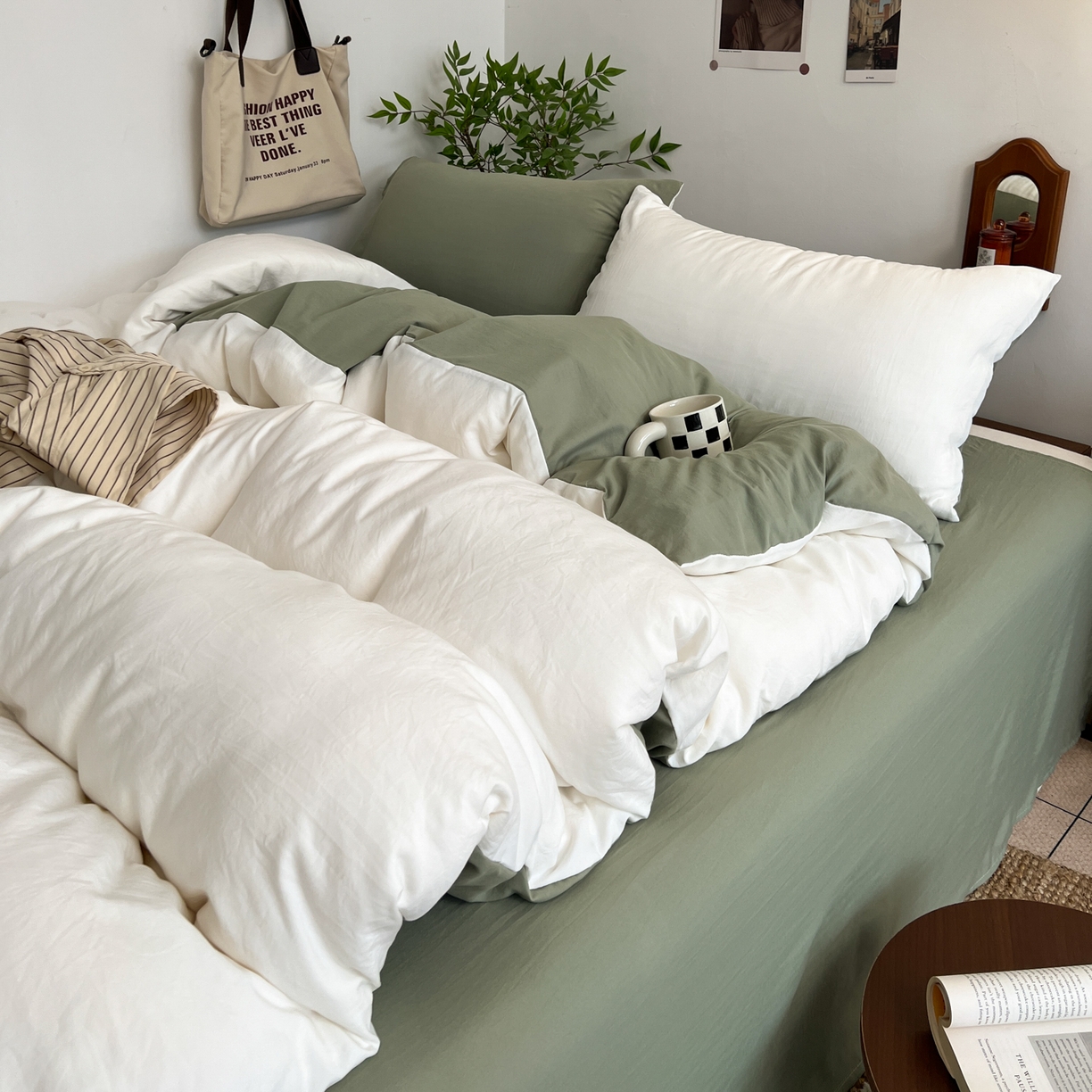 91家纺网 家纺一手货源 找家纺 梦嘉居 2026新款亲肤纯色AB版水洗皱皱棉四件套学生宿舍床单床笠三件套 高雅白+复古绿