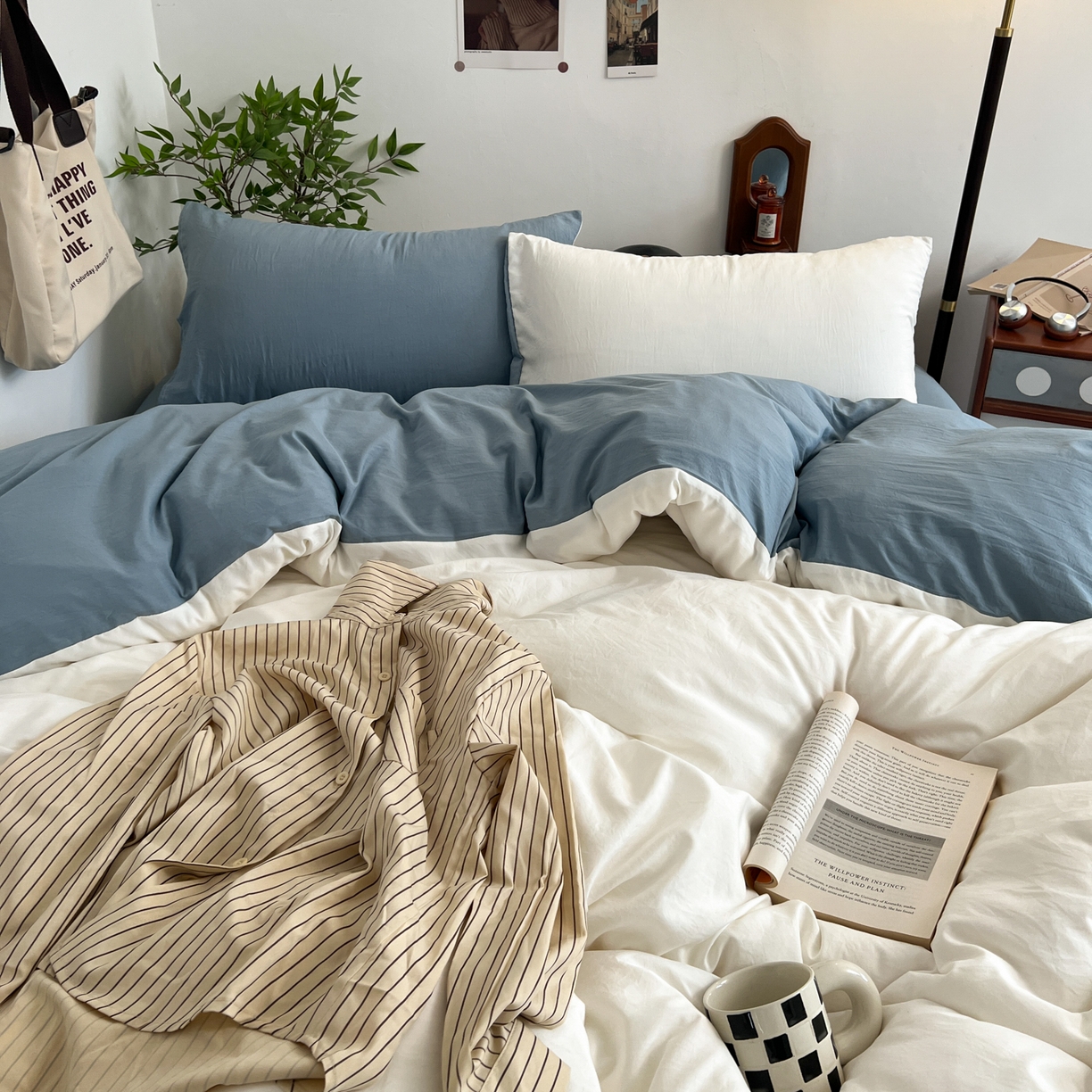 91家纺网 家纺一手货源 找家纺 梦嘉居 2026新款亲肤纯色AB版水洗皱皱棉四件套学生宿舍床单床笠三件套 高雅白+雾兰