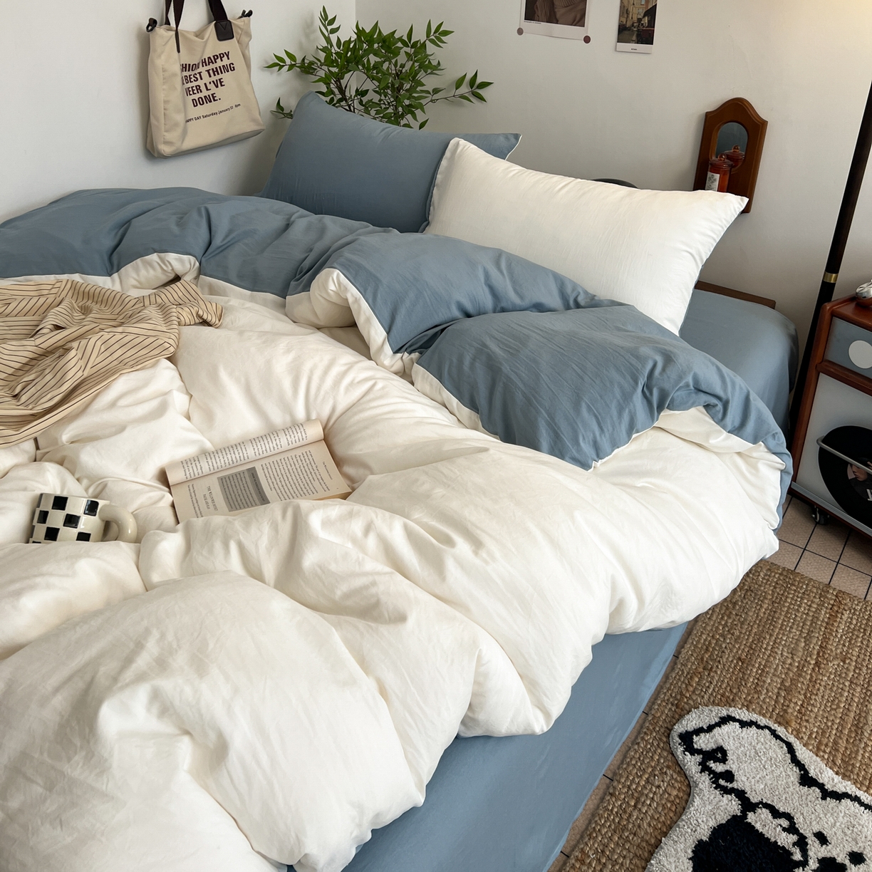 91家纺网 家纺一手货源 找家纺 梦嘉居 2026新款亲肤纯色AB版水洗皱皱棉四件套学生宿舍床单床笠三件套 高雅白+雾兰