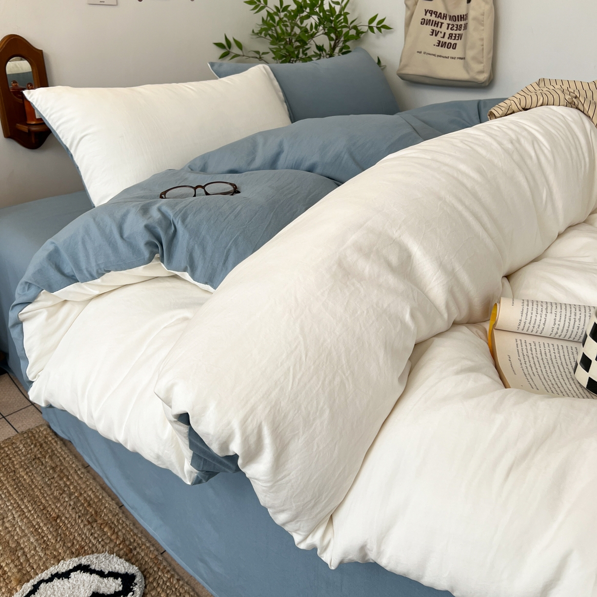 91家纺网 家纺一手货源 找家纺 梦嘉居 2026新款亲肤纯色AB版水洗皱皱棉四件套学生宿舍床单床笠三件套 高雅白+雾兰